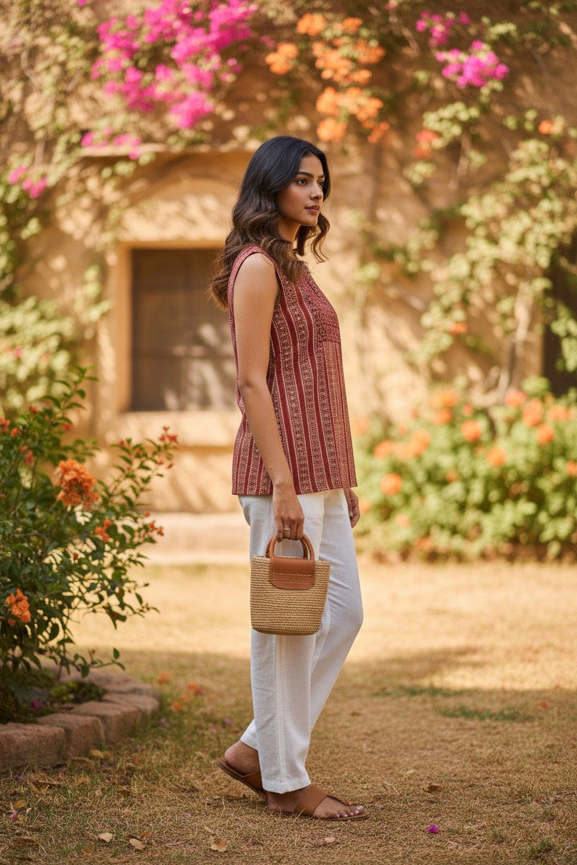 Ajrak Print Sleeveless Cotton Kurti Top with Attachable Sleeves