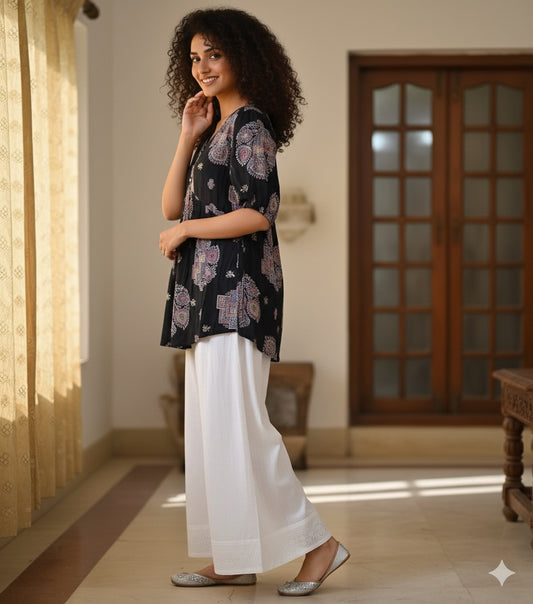 Black Alia Cut Kurti Top with Paisley Print