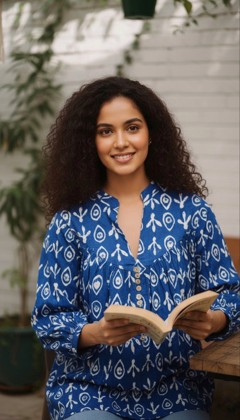 Indigo Printed Pleated Cotton Short Kurti