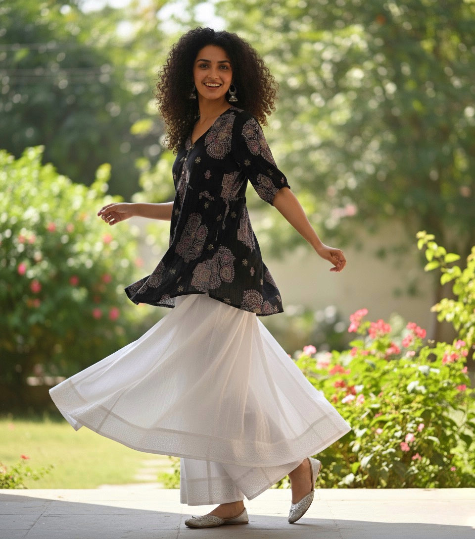 Black Alia Cut Kurti Top with Paisley Print