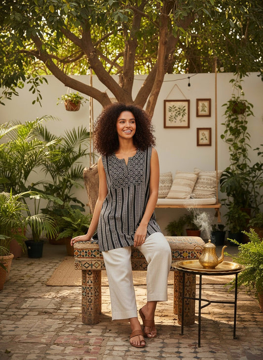 Black Ajrak Print Sleeveless Cotton Kurti Top with Attachable Sleeves