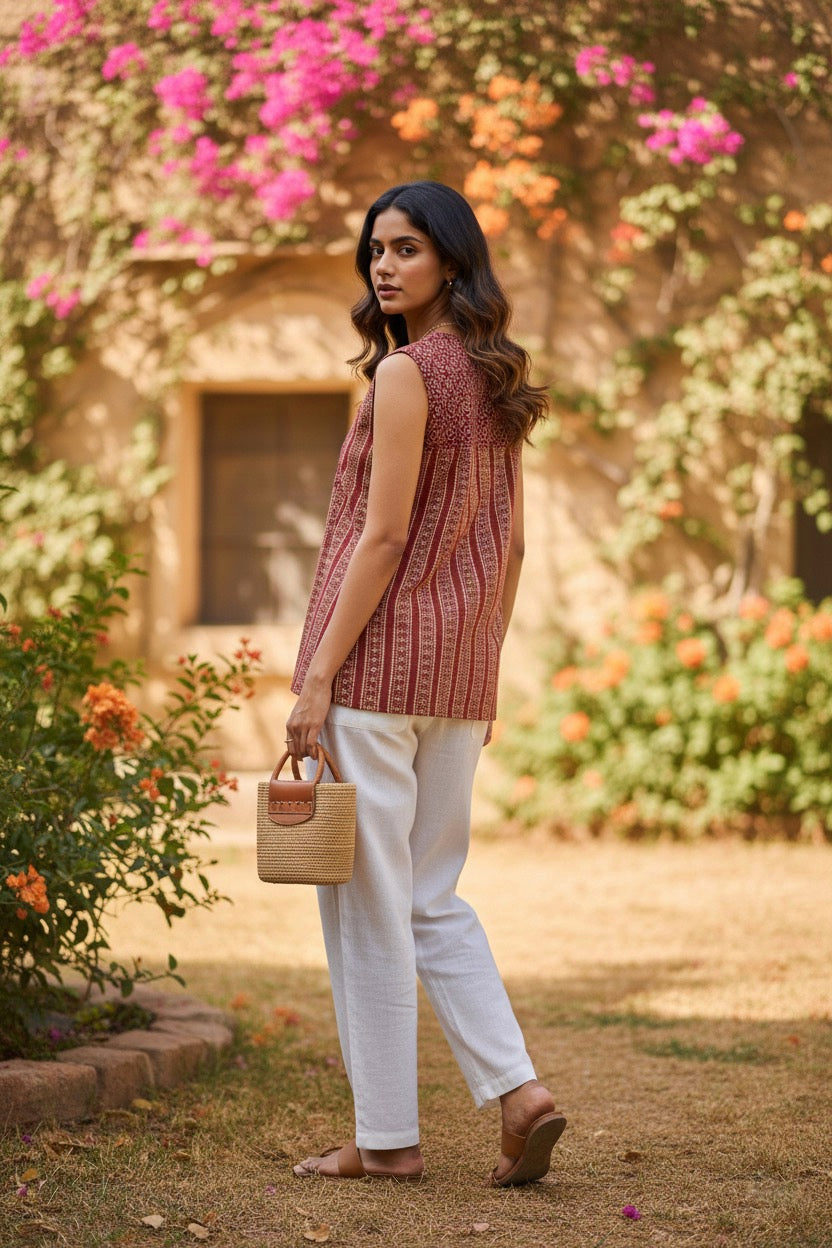 Ajrak Print Sleeveless Cotton Kurti Top with Attachable Sleeves