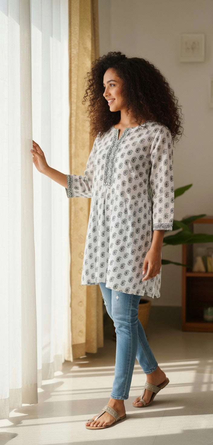 Ivory Handblock Print Cotton Kurti