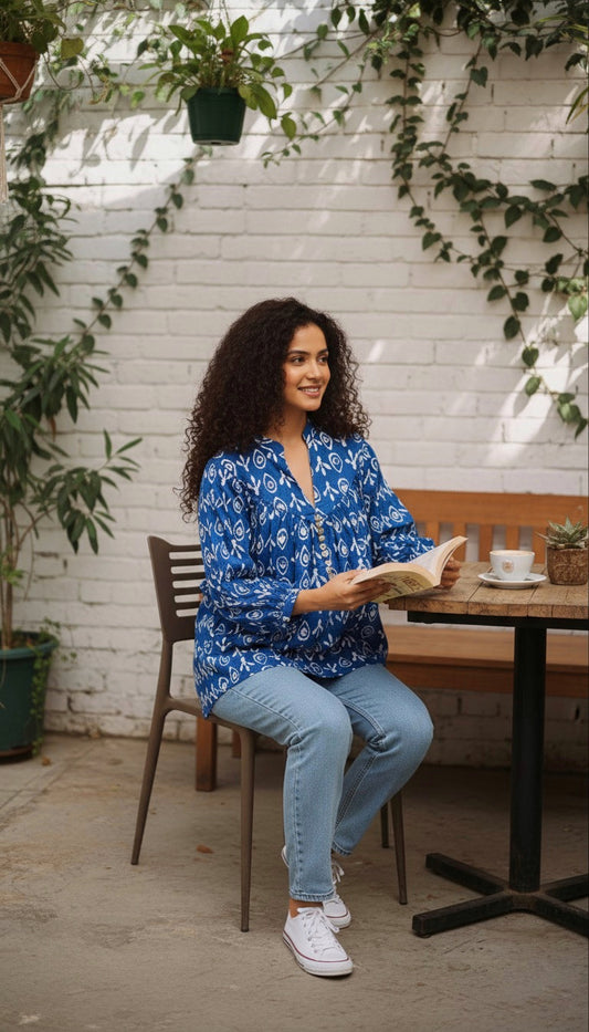 Indigo Printed Pleated Cotton Short Kurti