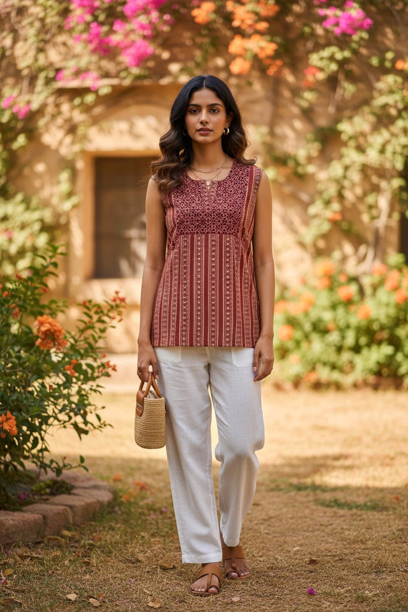 Ajrak Print Sleeveless Cotton Kurti Top with Attachable Sleeves