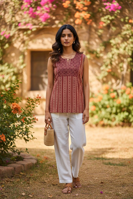 Ajrak Print Sleeveless Cotton Kurti Top with Attachable Sleeves