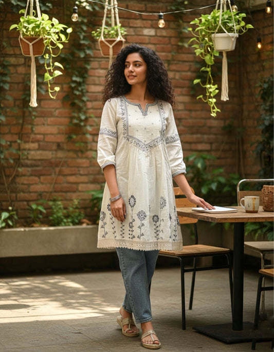 Embroidered Cotton Kurti with Floral Detailing