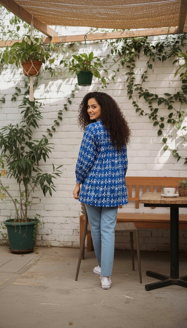 Indigo Printed Pleated Cotton Short Kurti