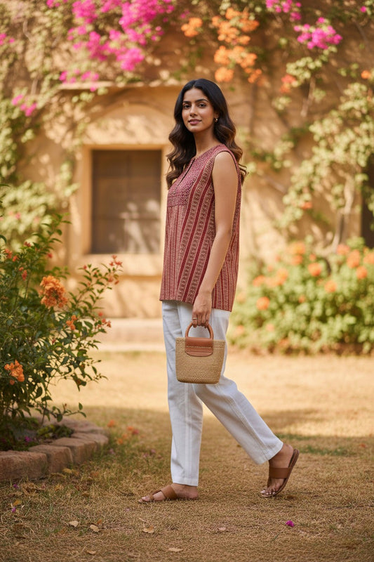 Ajrak Print Sleeveless Cotton Kurti Top with Attachable Sleeves