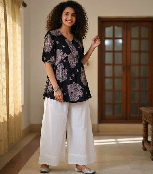 Black Alia Cut Kurti Top with Paisley Print