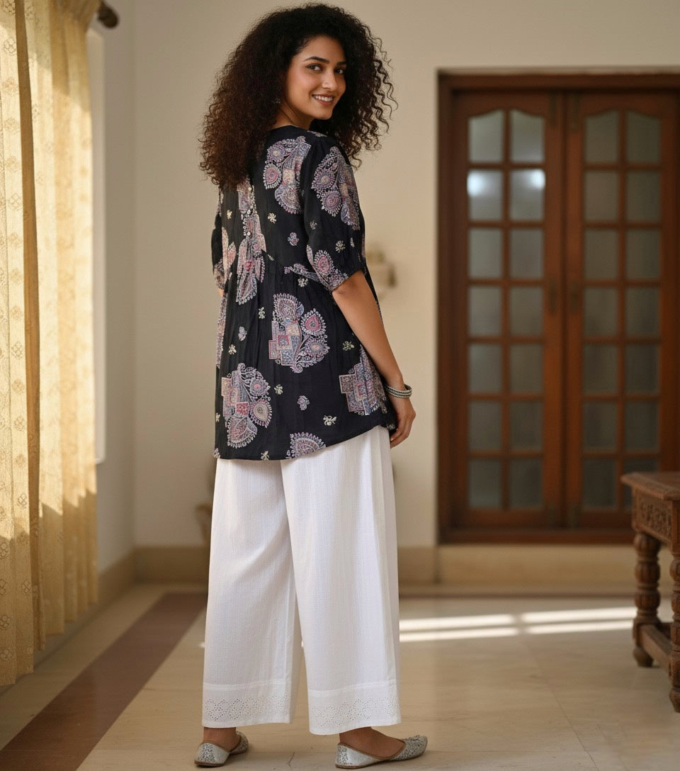 Black Alia Cut Kurti Top with Paisley Print