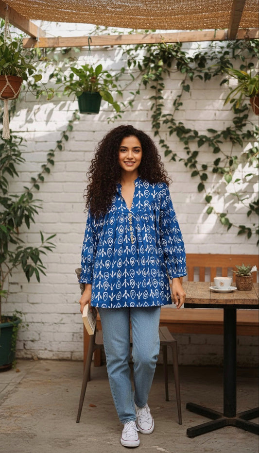 Indigo Printed Pleated Cotton Short Kurti
