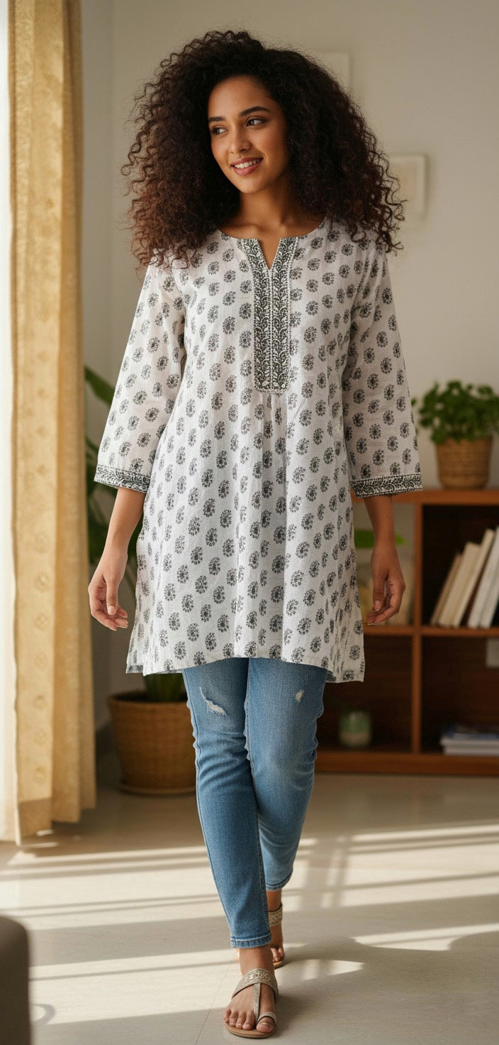 Ivory Handblock Print Cotton Kurti